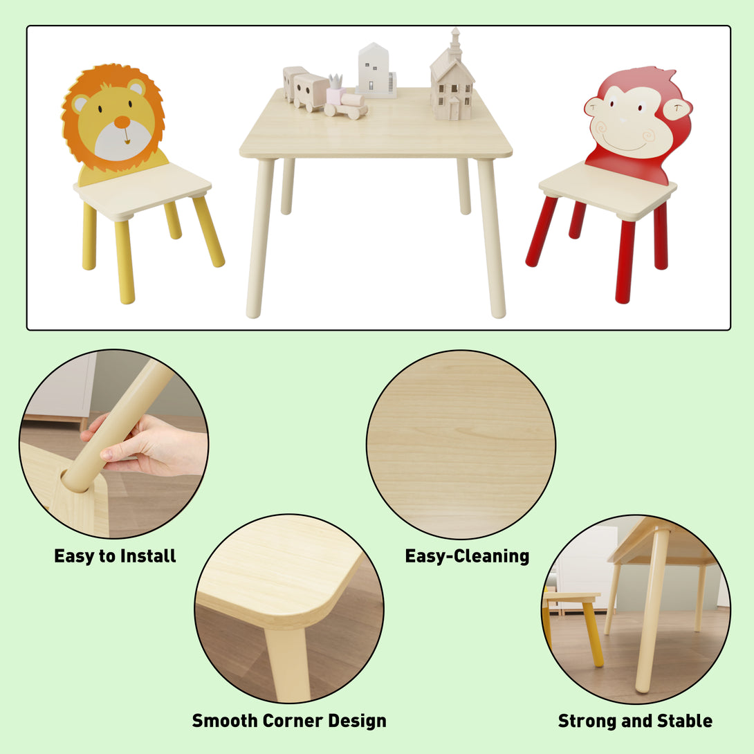 Animal Designed Kid’s Wooden Table with 2 Chair Set Activity Play Table Set (Lion, Monkey)_8