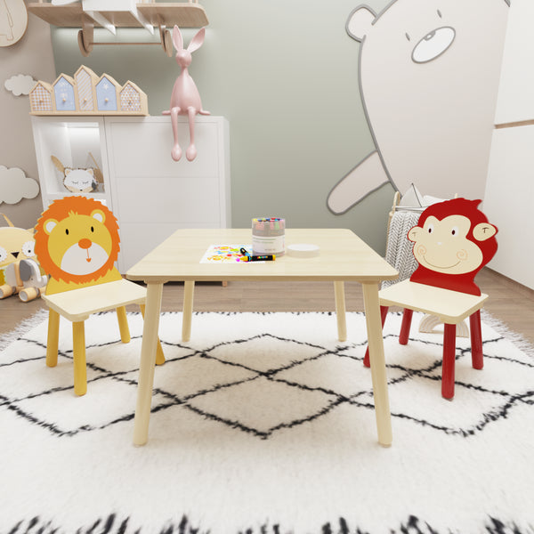 Animal Designed Kid’s Wooden Table with 2 Chair Set Activity Play Table Set (Lion, Monkey)_0