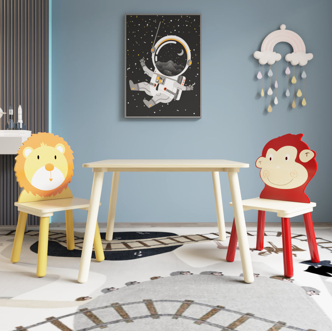 Animal Designed Kid’s Wooden Table with 2 Chair Set Activity Play Table Set (Lion, Monkey)_2