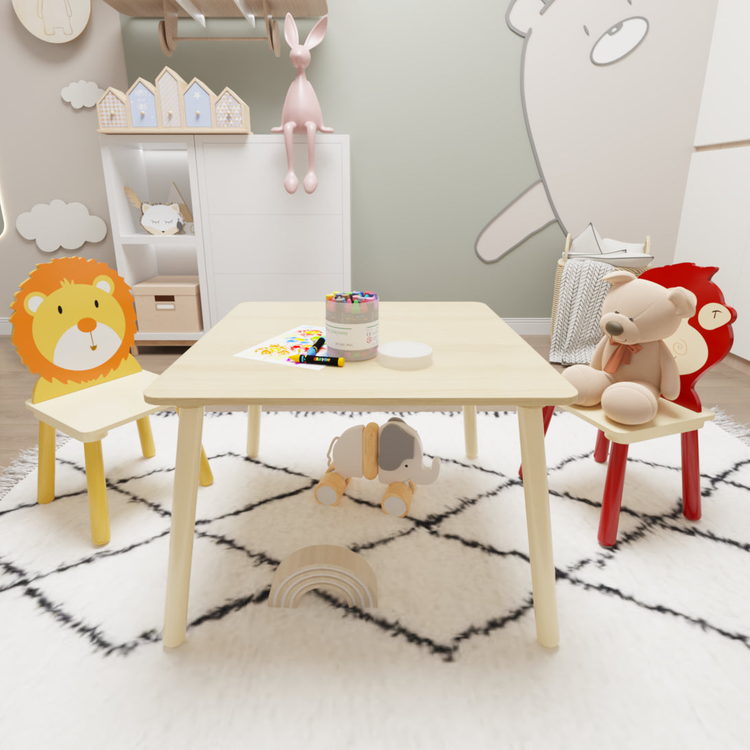 Animal Designed Kid’s Wooden Table with 2 Chair Set Activity Play Table Set (Lion, Monkey)_3