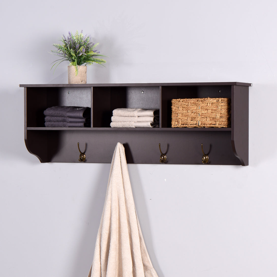 Entryway Wall Mounted Coat Rack with 4 Dual Hooks Wooden Shelf- Espresso_1