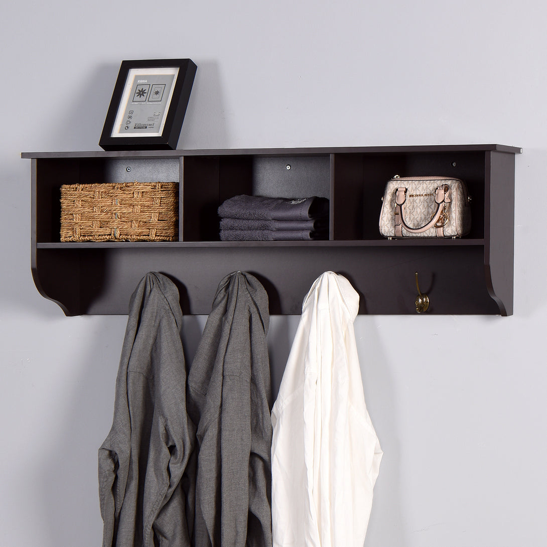 Entryway Wall Mounted Coat Rack with 4 Dual Hooks Wooden Shelf- Espresso_3