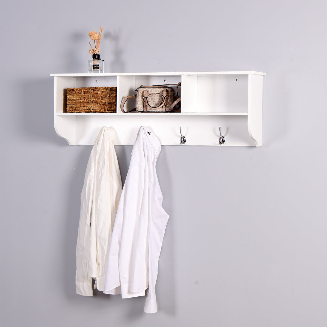 Entryway Wall Mounted Coat Rack with 4 Dual Hooks Wooden Shelf- White_3