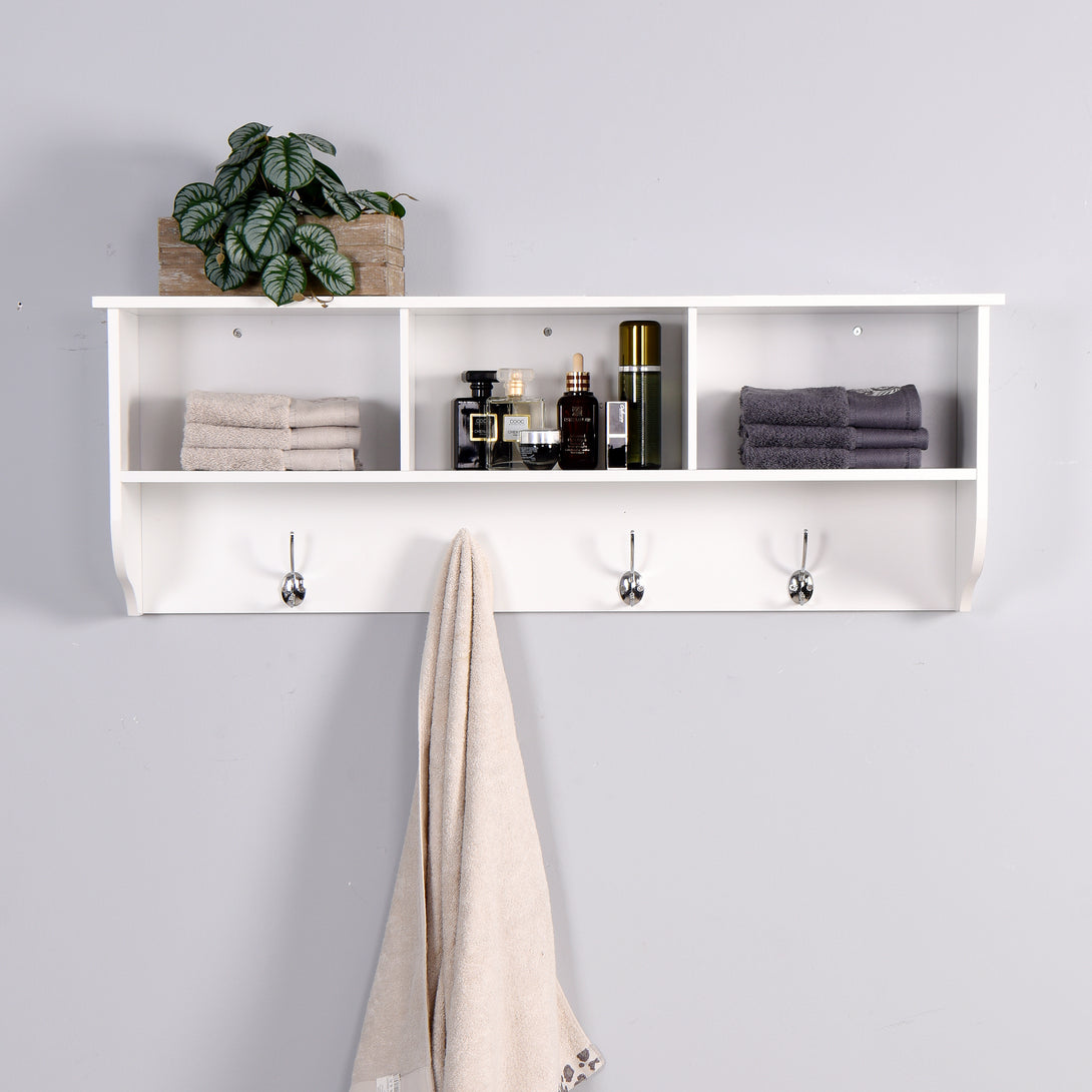 Entryway Wall Mounted Coat Rack with 4 Dual Hooks Wooden Shelf- White_1