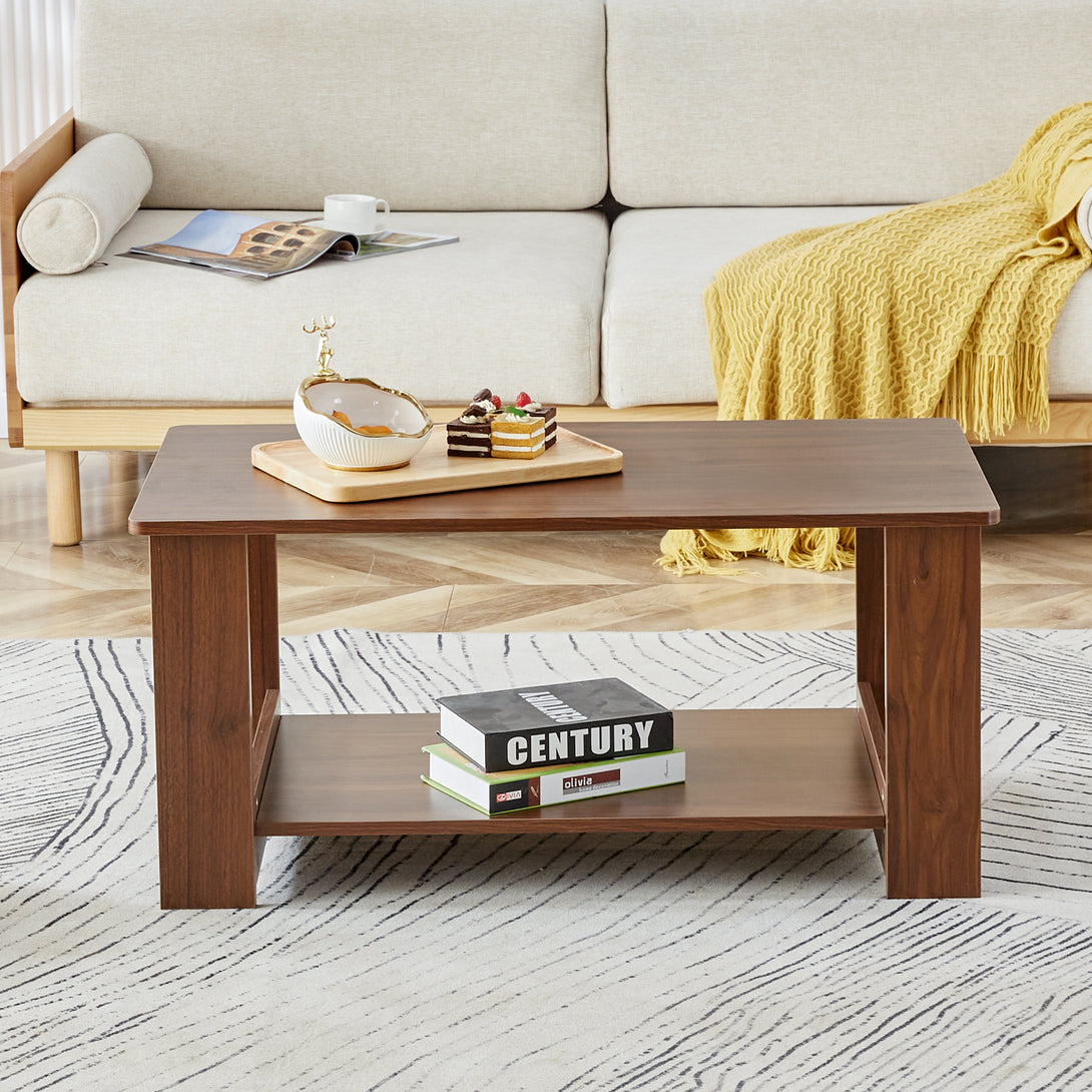 Modern Minimalist Double Layered Rectangular Wooden Coffee Table- Walnut_3