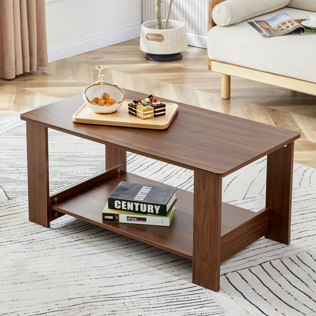 Modern Minimalist Double Layered Rectangular Wooden Coffee Table- Walnut_1