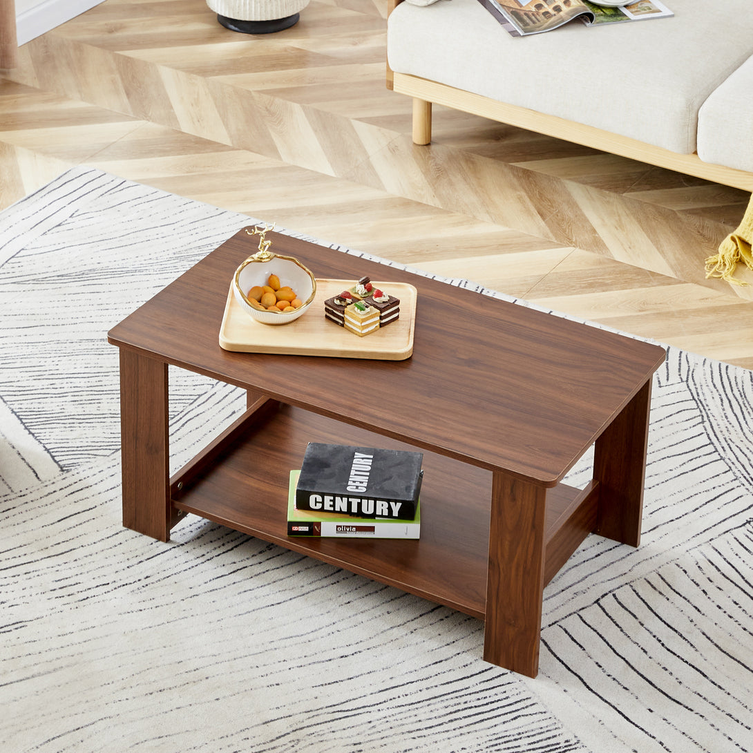 Modern Minimalist Double Layered Rectangular Wooden Coffee Table- Walnut_2