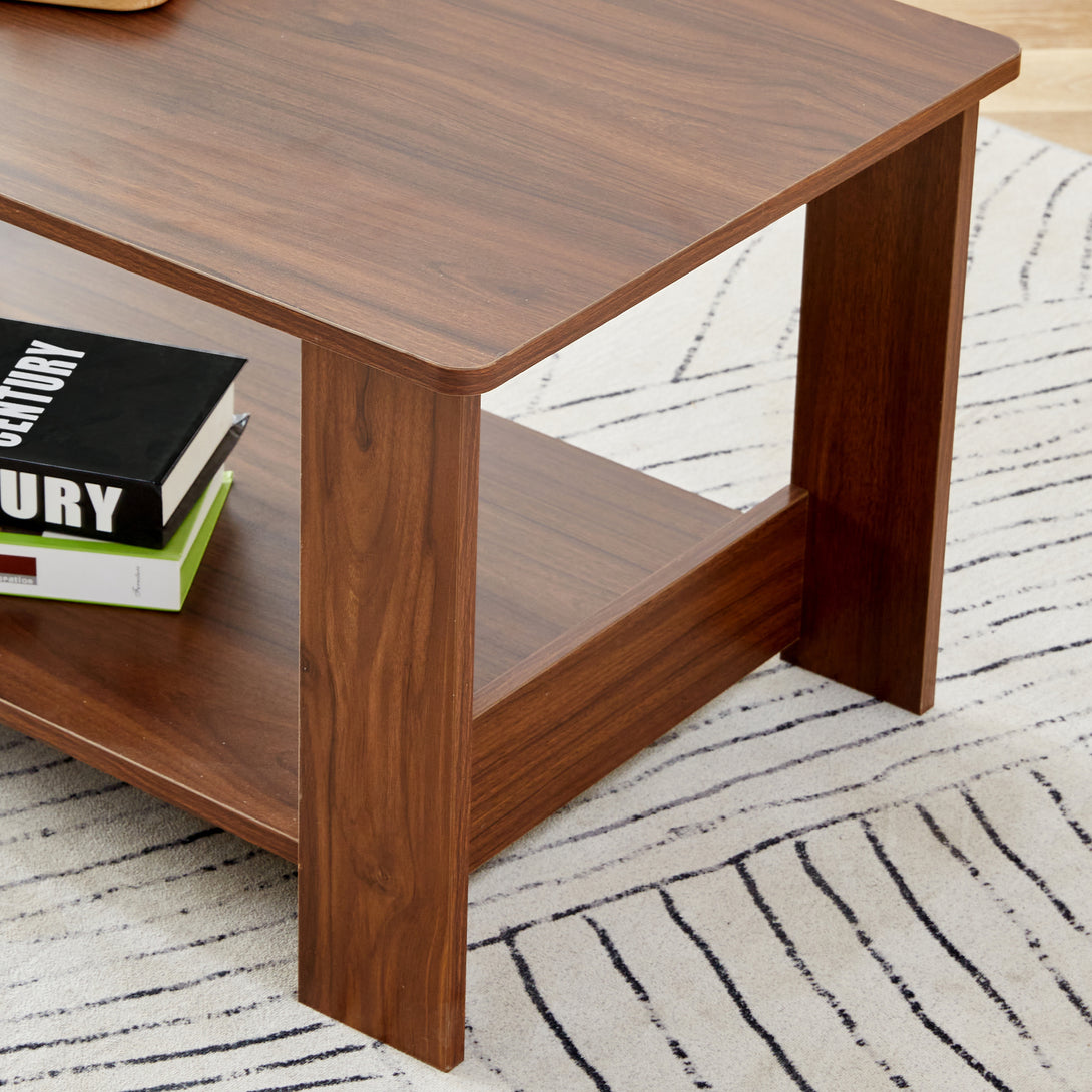 Modern Minimalist Double Layered Rectangular Wooden Coffee Table- Walnut_7