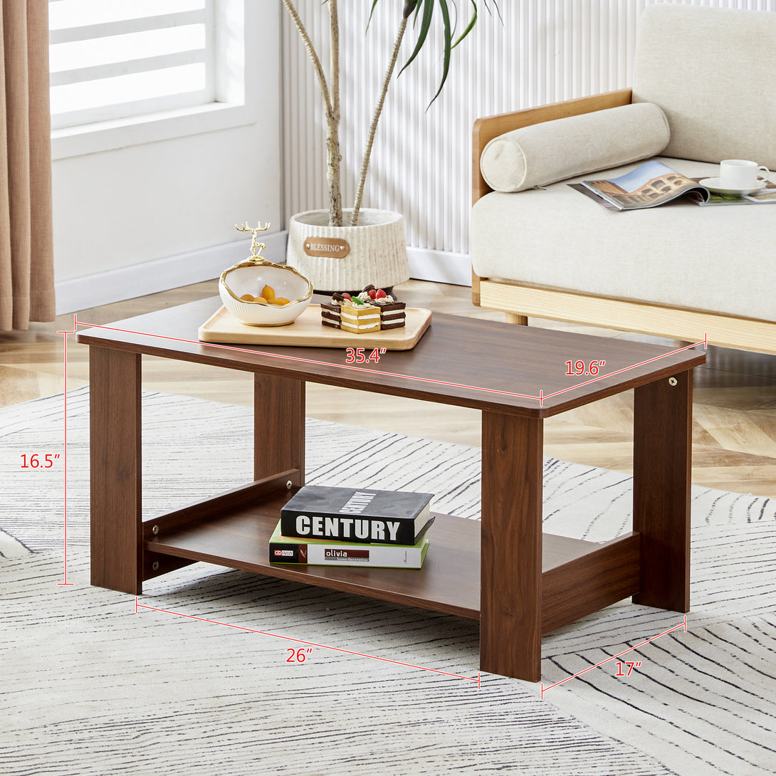 Modern Minimalist Double Layered Rectangular Wooden Coffee Table- Walnut_4