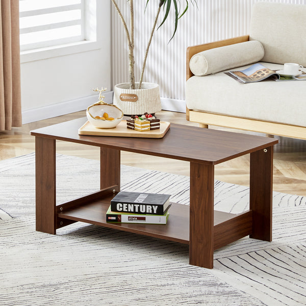 Modern Minimalist Double Layered Rectangular Wooden Coffee Table- Walnut_0