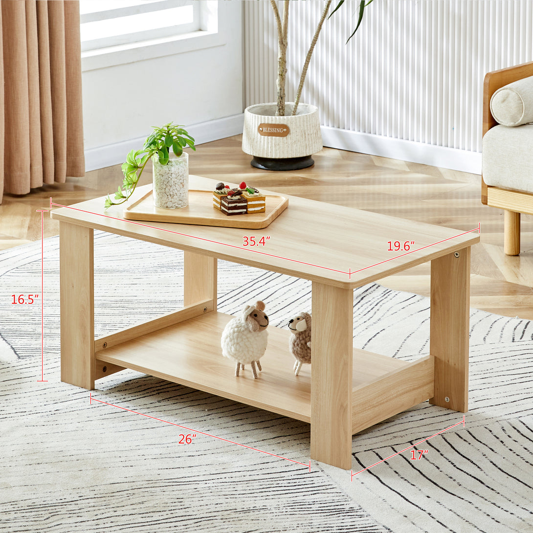 Modern Minimalist Double Layered Rectangular Wooden Coffee Table- Natural Wood_3