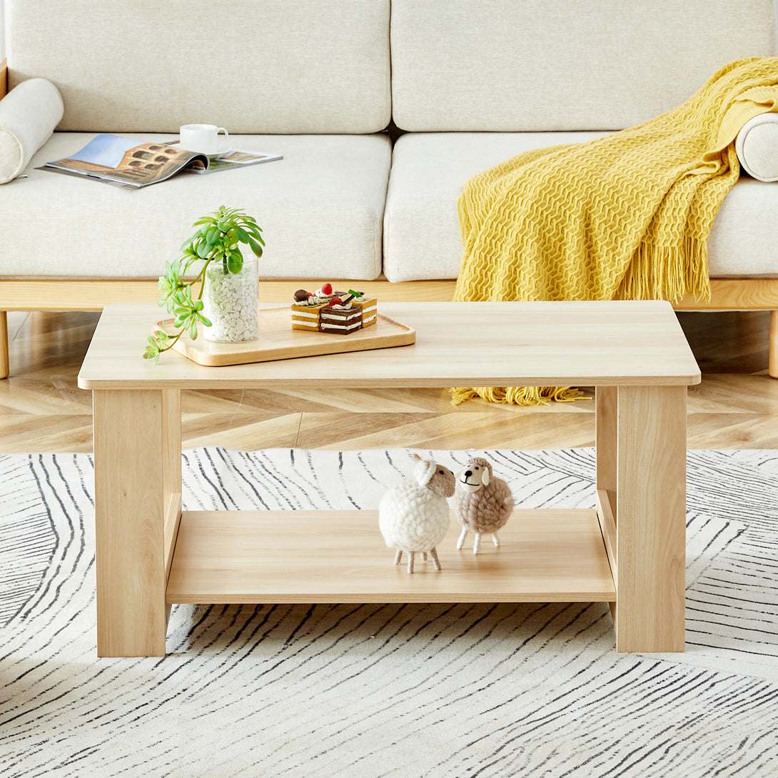 Modern Minimalist Double Layered Rectangular Wooden Coffee Table- Natural Wood_2