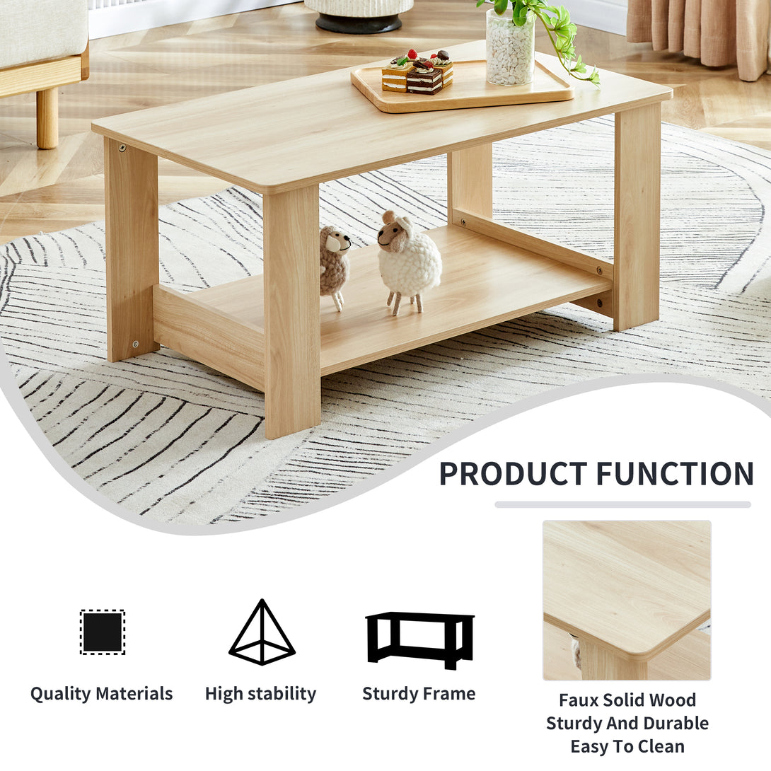 Modern Minimalist Double Layered Rectangular Wooden Coffee Table- Natural Wood_4