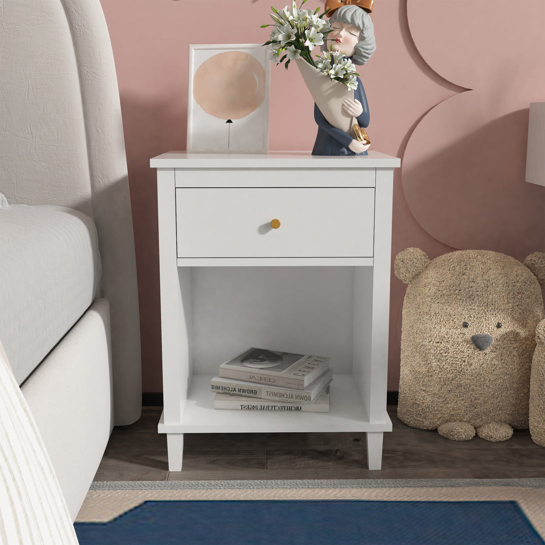 Wooden Nightstand with One Drawer and Open Shelf for Bedroom- White_1