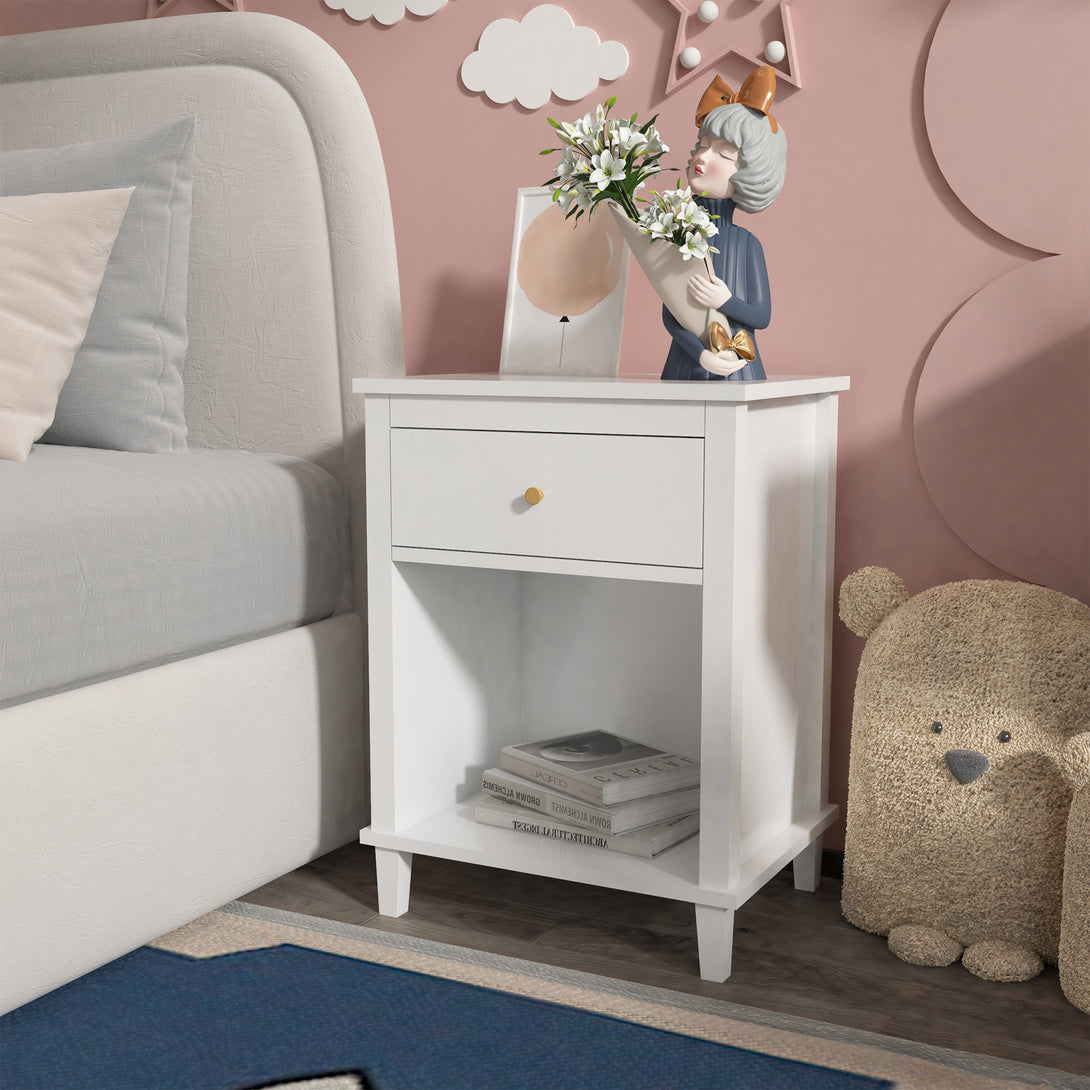 Wooden Nightstand with One Drawer and Open Shelf for Bedroom- White_2