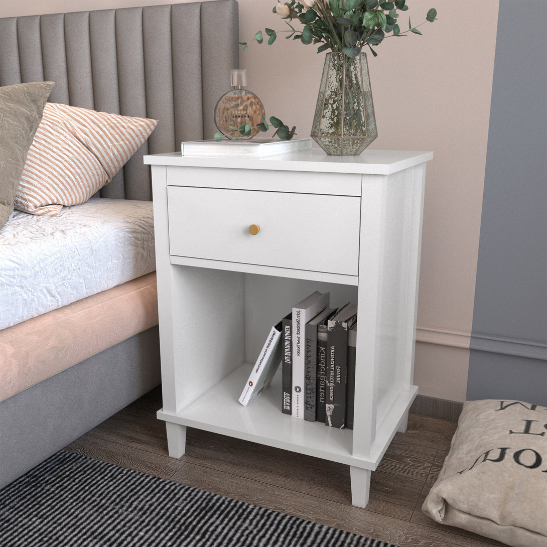 Wooden Nightstand with One Drawer and Open Shelf for Bedroom- White_3