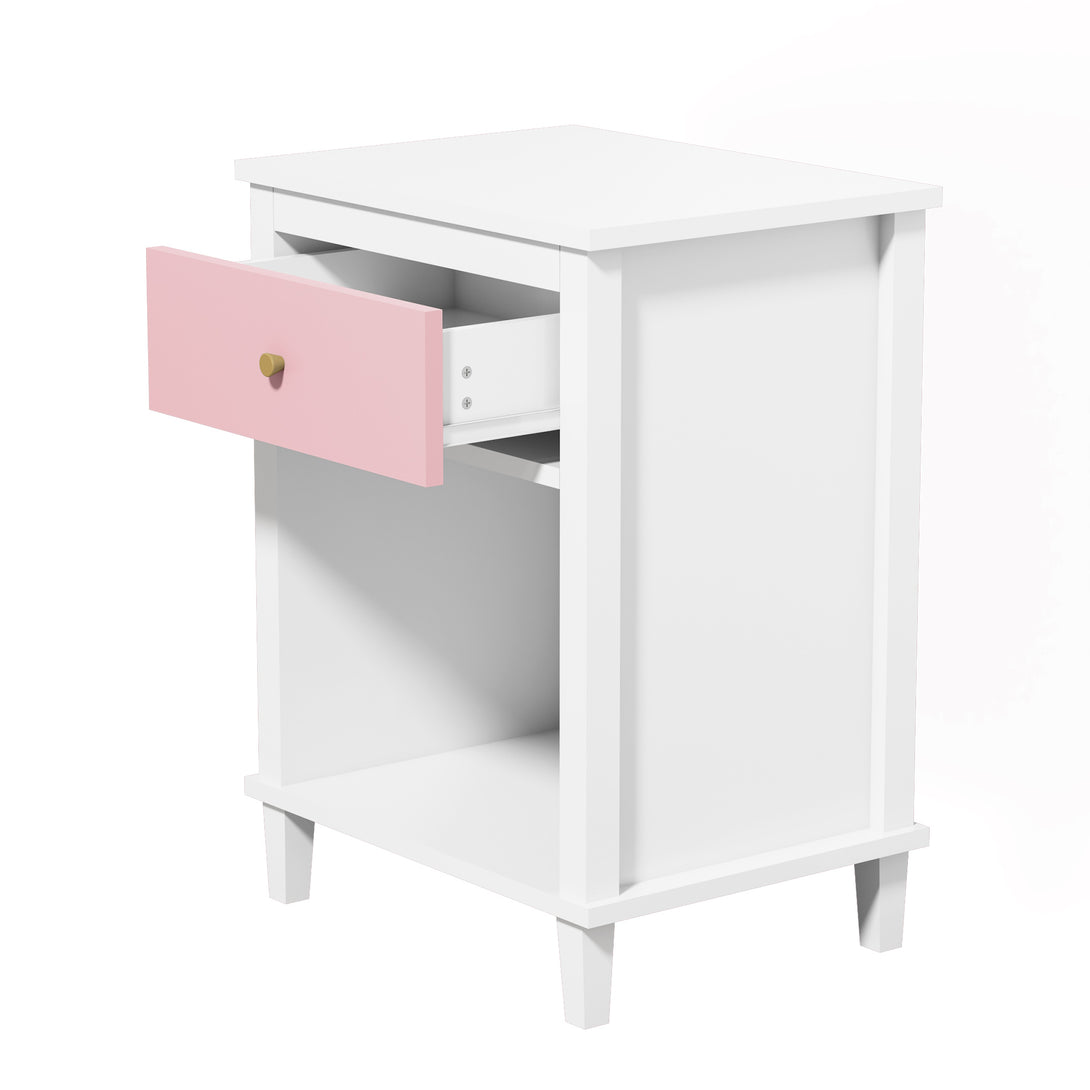 Wooden Nightstand with One Drawer and Open Shelf for Bedroom- White+Pink_6