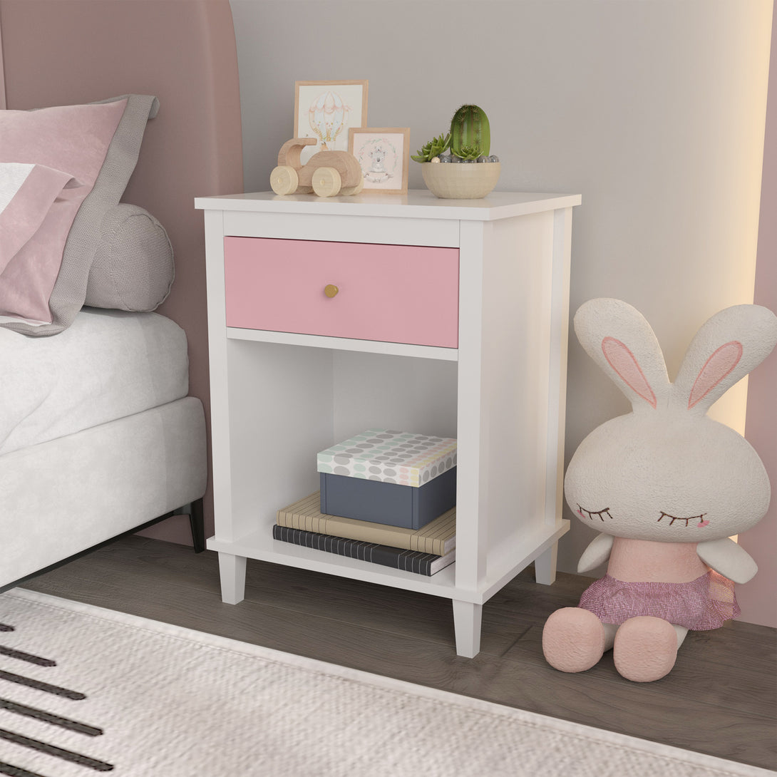 Wooden Nightstand with One Drawer and Open Shelf for Bedroom- White+Pink_2