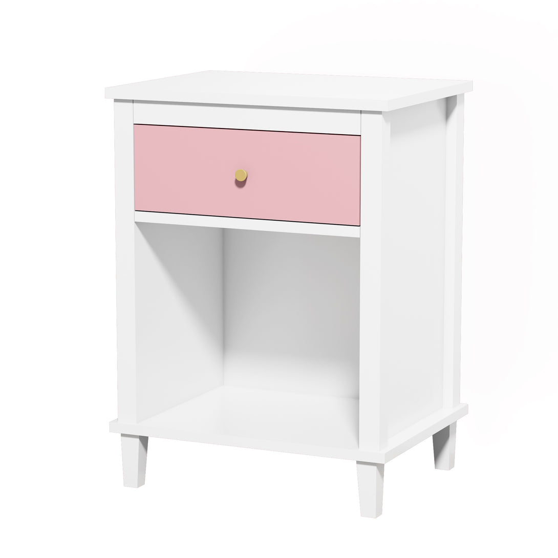 Wooden Nightstand with One Drawer and Open Shelf for Bedroom- White+Pink_5