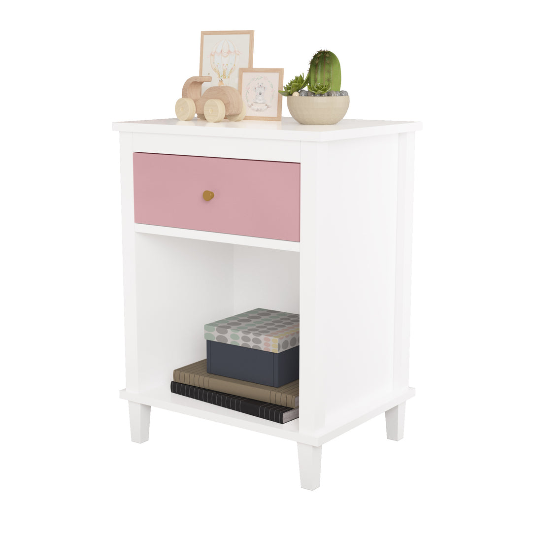 Wooden Nightstand with One Drawer and Open Shelf for Bedroom- White+Pink_3