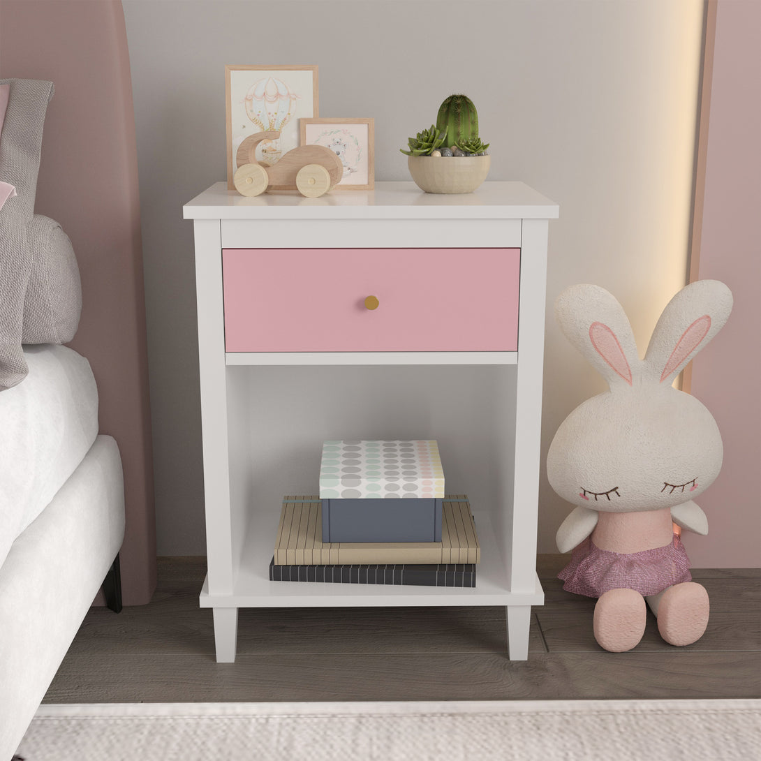 Wooden Nightstand with One Drawer and Open Shelf for Bedroom- White+Pink_1