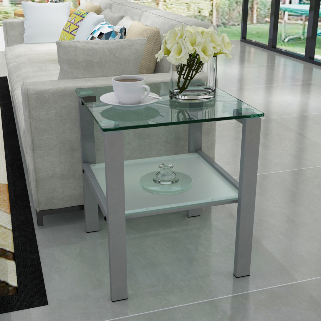 Two Layered Tempered Glass Small Bedroom Corner Home Tea Table- Gray_3