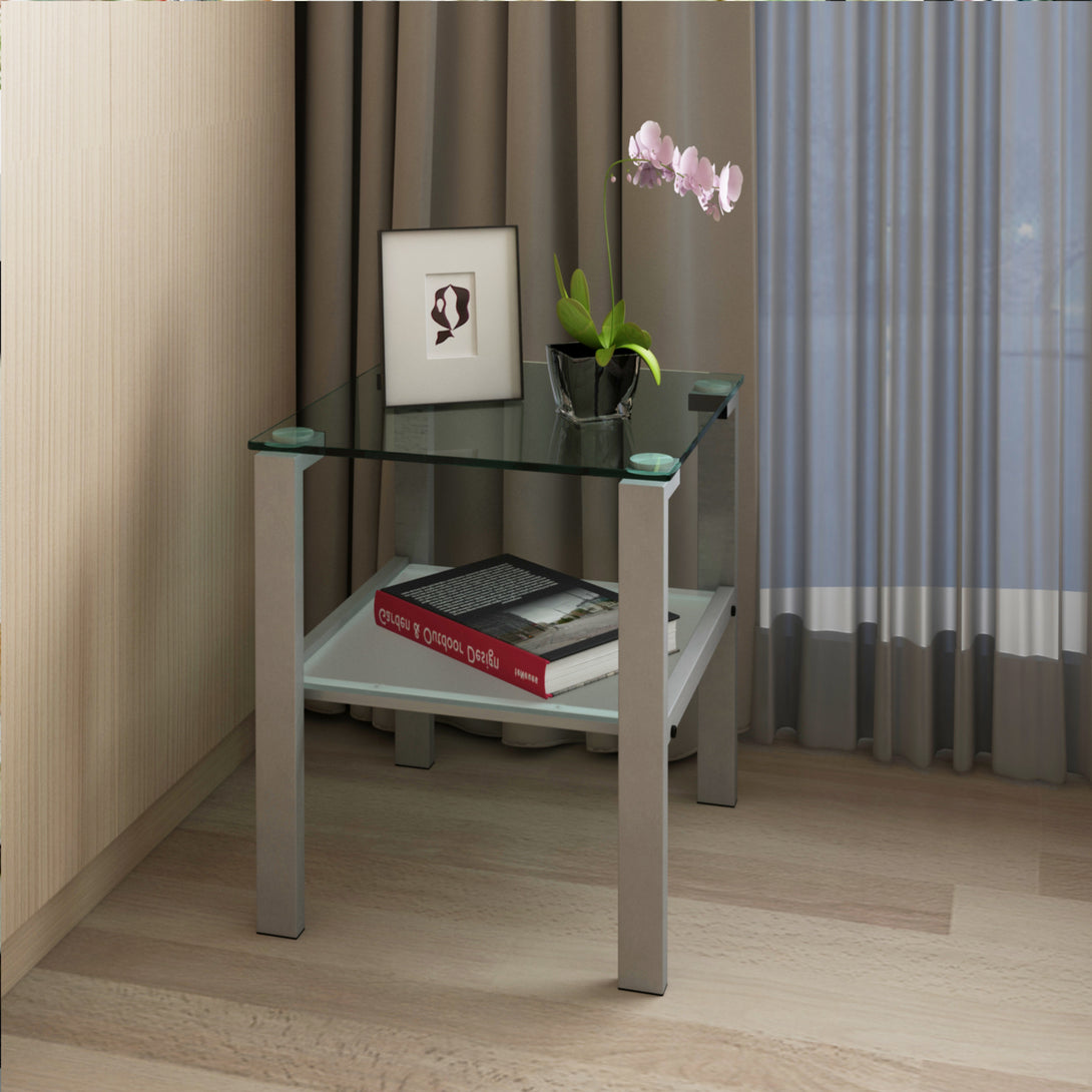 Two Layered Tempered Glass Small Bedroom Corner Home Tea Table- Gray_2