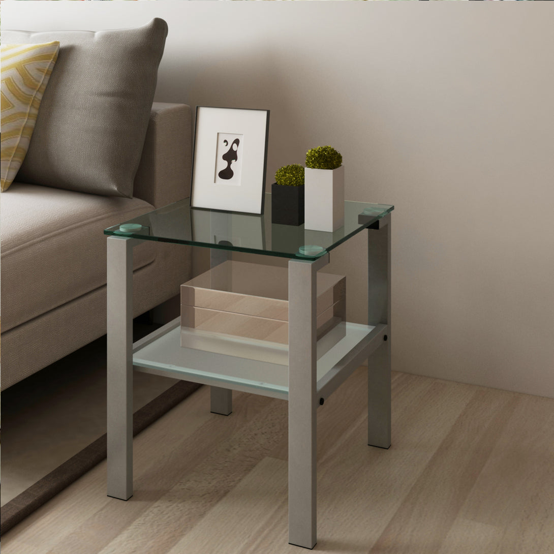 Two Layered Tempered Glass Small Bedroom Corner Home Tea Table- Gray_1