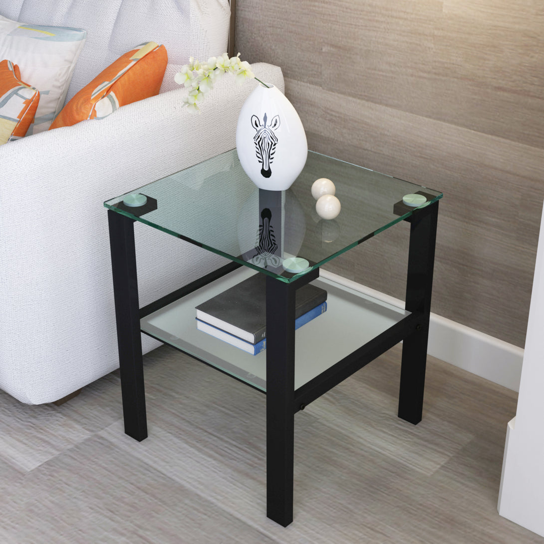 Two Layered Tempered Glass Small Bedroom Corner Home Tea Table- Black_2