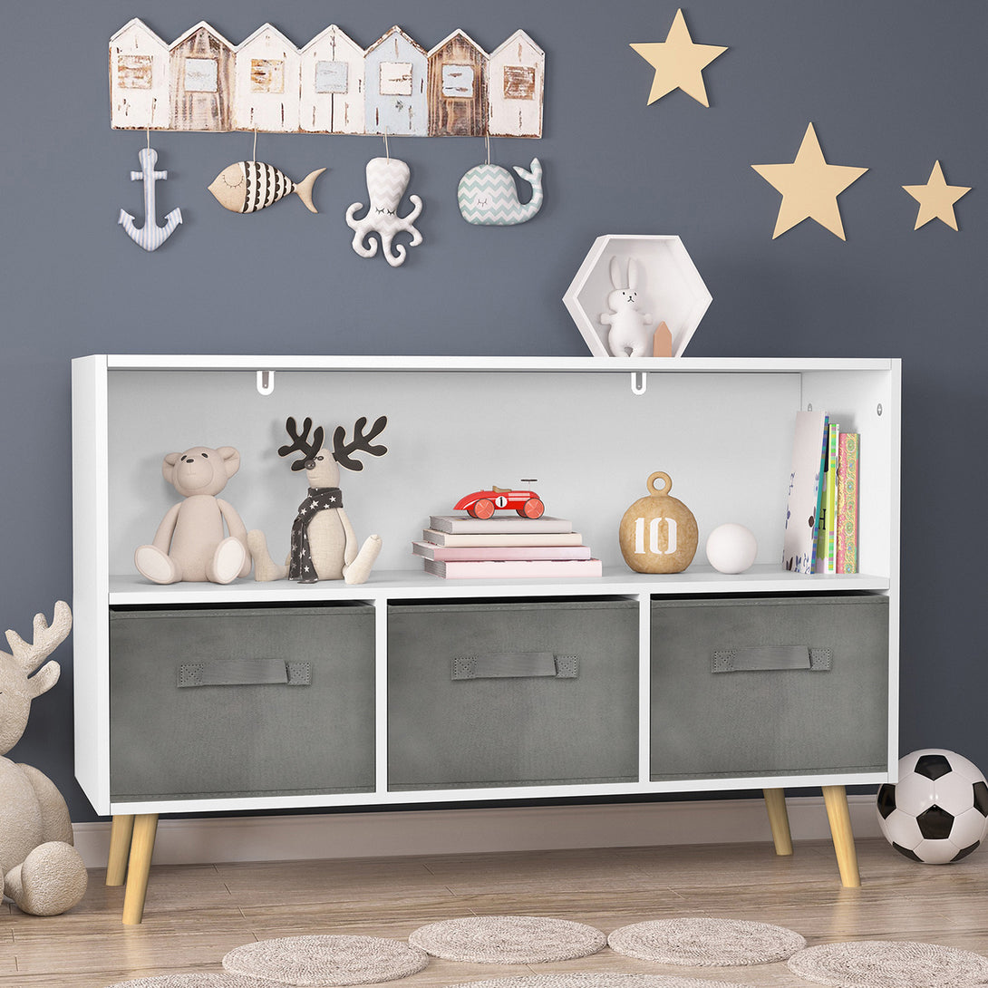 Kid’s Bookcase with Collapsible Drawers Toy Storage Organizer- White+Gray_1