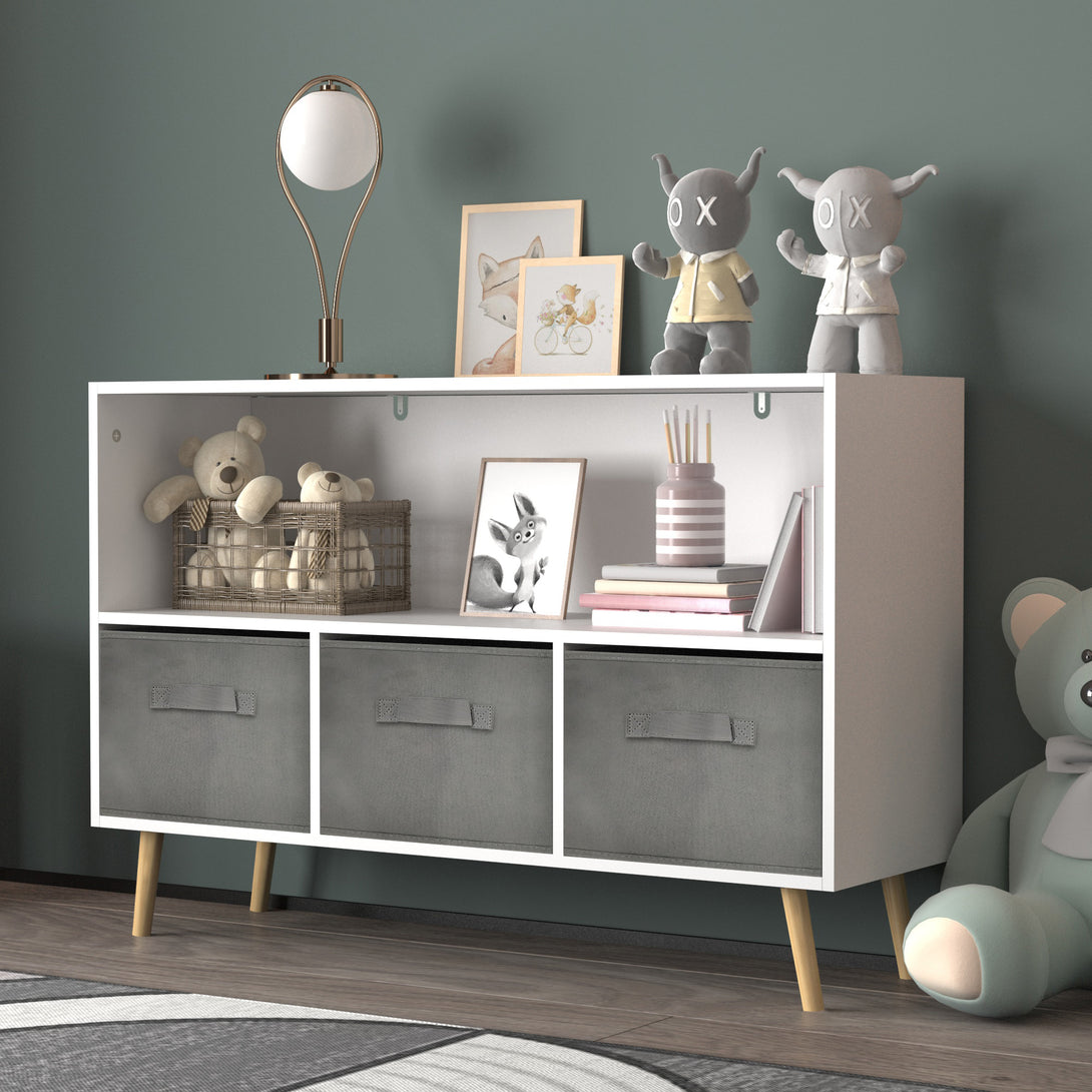 Kid’s Bookcase with Collapsible Drawers Toy Storage Organizer- White+Gray_3