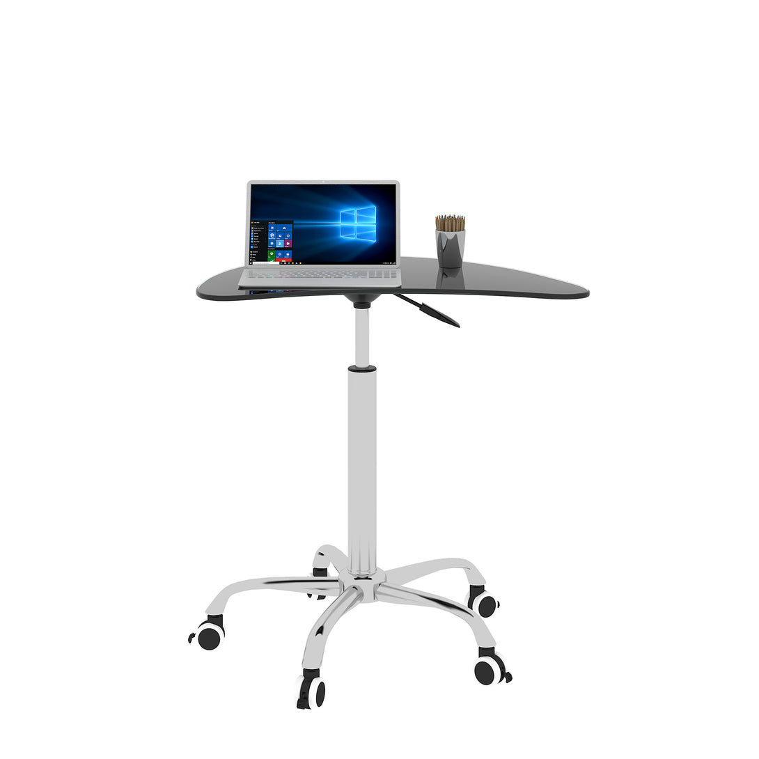 Adjustable Height Black Tempered Glass Table Desk Table with Lockable Wheels- Black_1