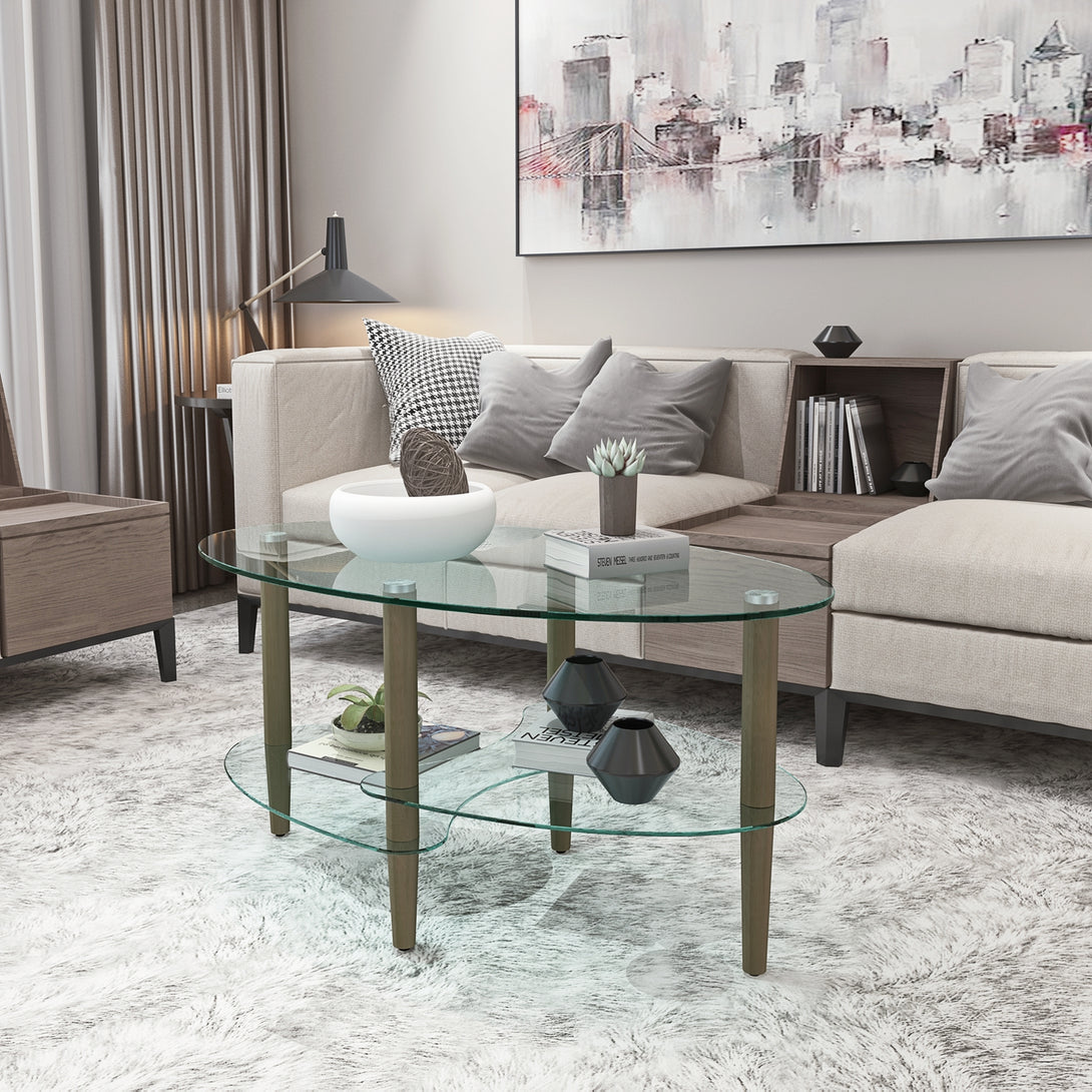 3 Layered Transparent Tempered Glass Oval Modern Coffee Table - Brown_3