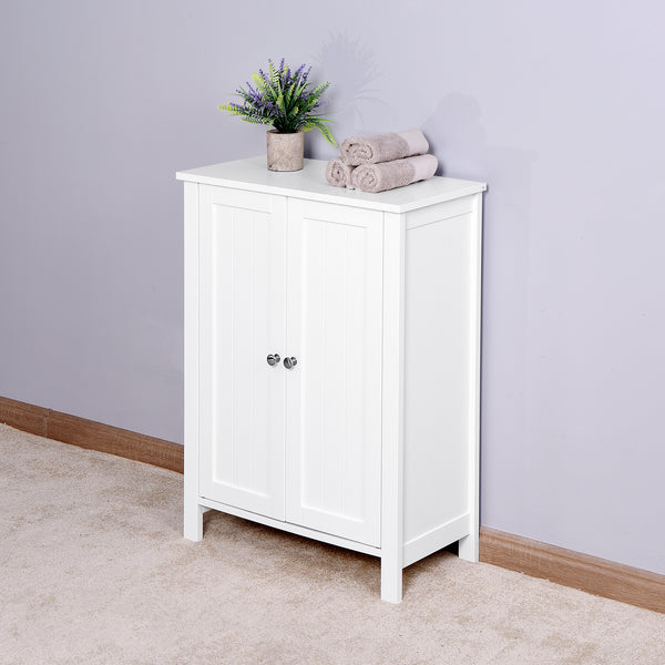 Bathroom Floor Storage Cabinet with Double Door Adjustable Shelf, White_0