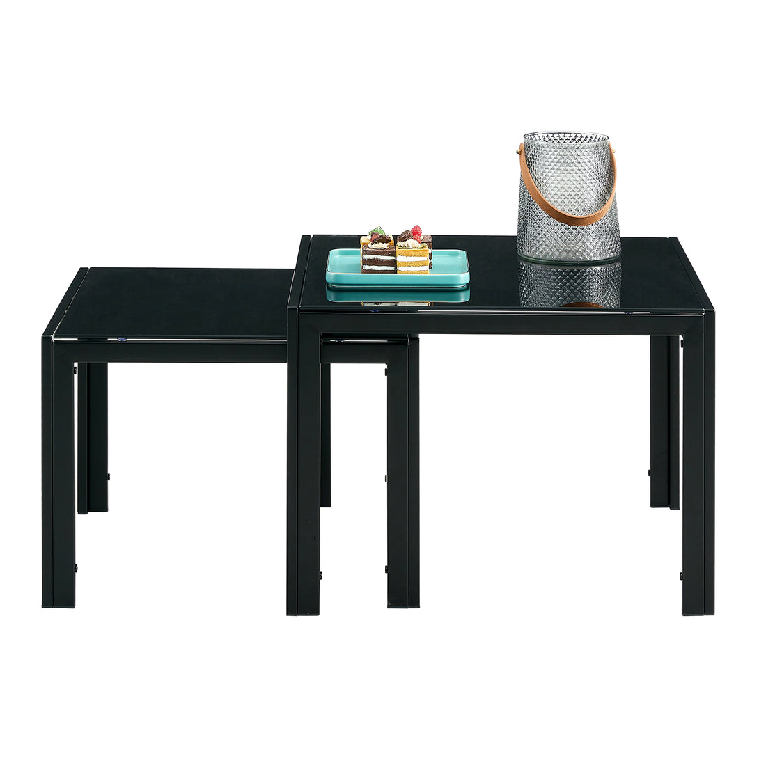 Set of 2 Tempered Glass Modern Design Nesting Coffee Table Set in Black_2