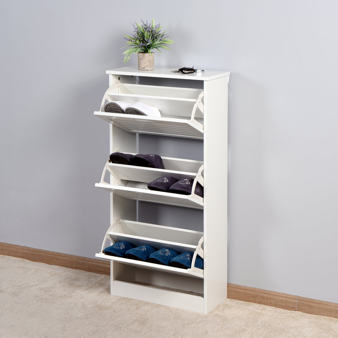 3 Tiers Wooden Entryway Storage Shoe Cabinet with 3 Flip Doors in White_11