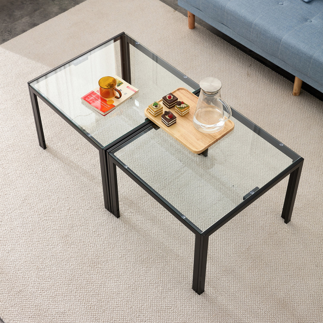 Set of 2 Coffee Table Set Modern Designed Square Tempered Glass Tea Table_2