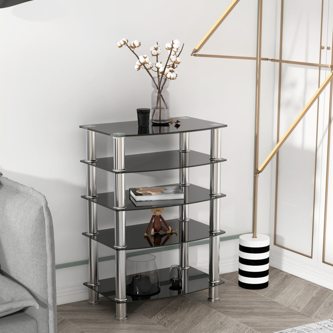 5-Tier Tempered Glass Living Room Side Table with Stainless Steel Frame- Black_3