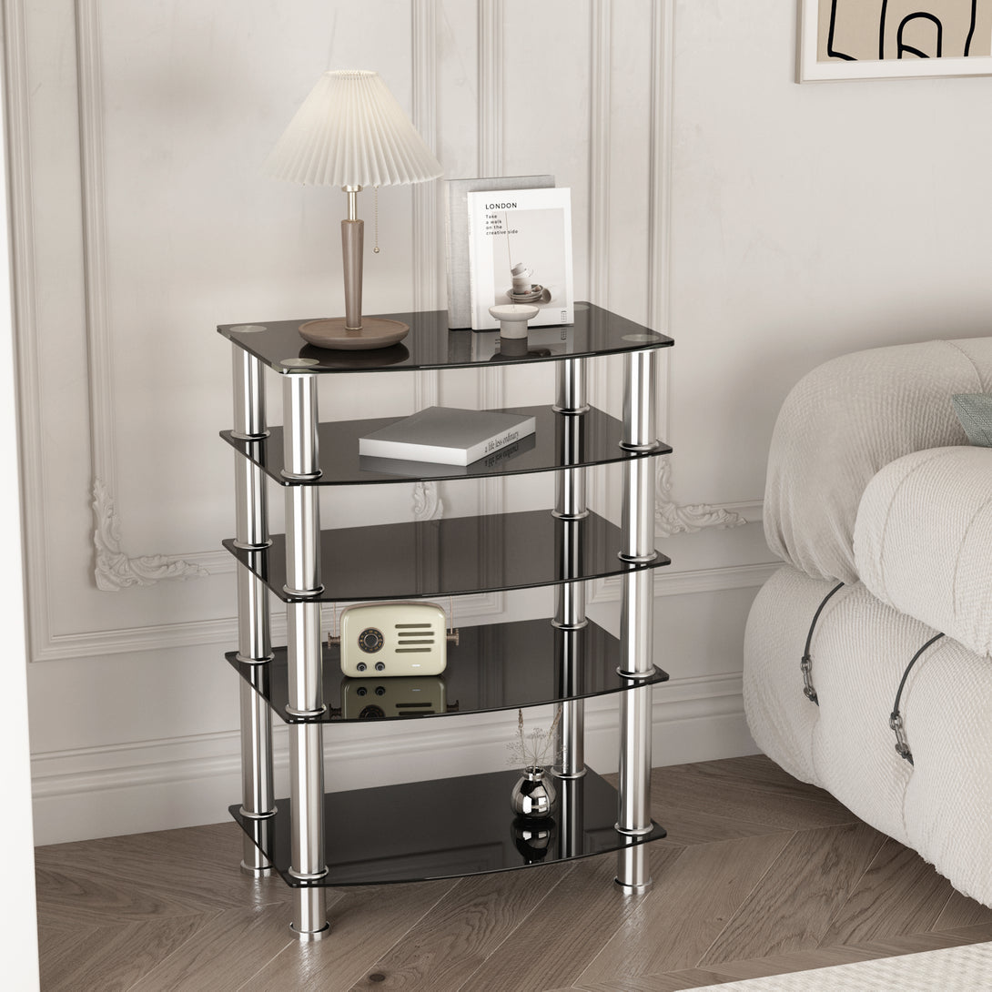 5-Tier Tempered Glass Living Room Side Table with Stainless Steel Frame- Black_2