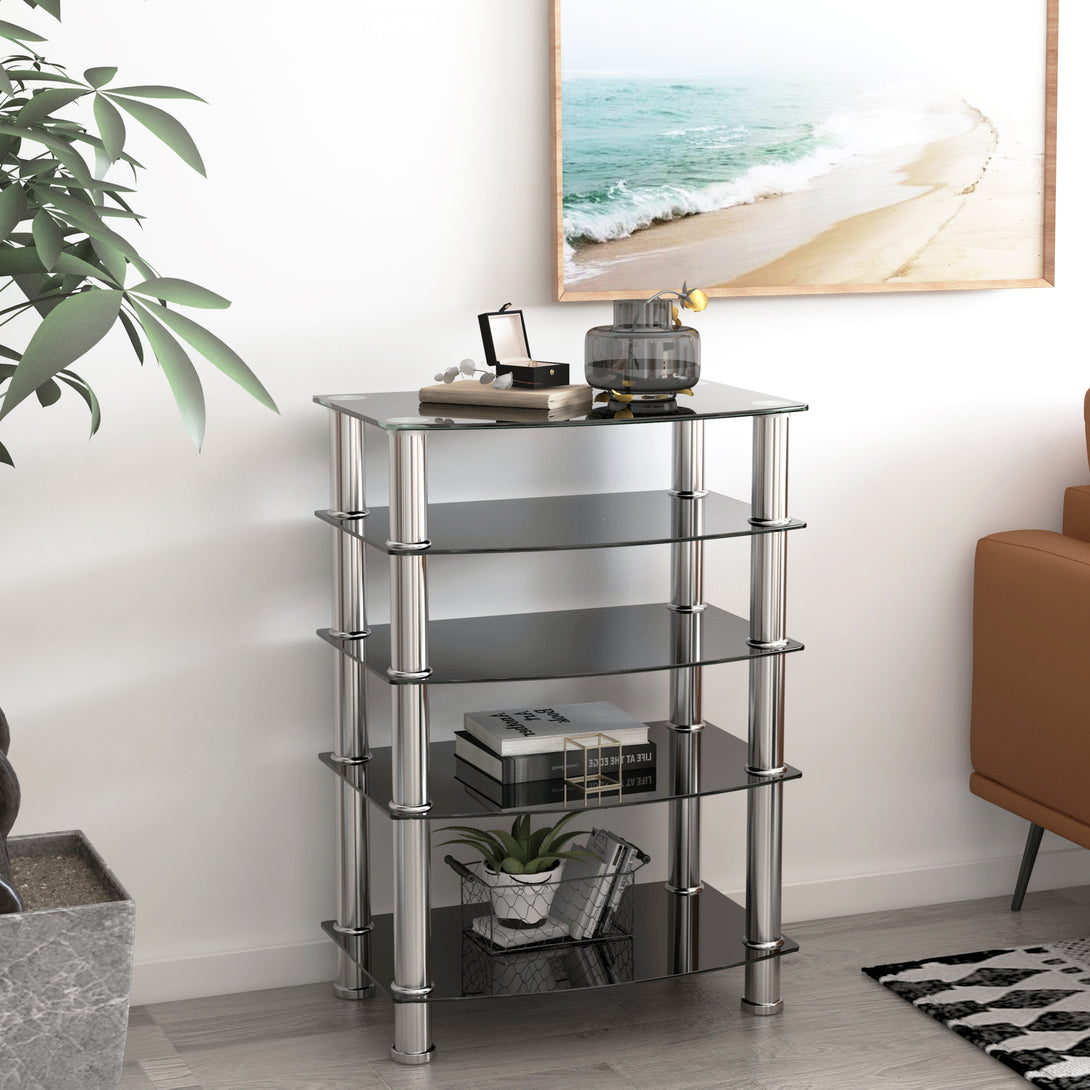 5-Tier Tempered Glass Living Room Side Table with Stainless Steel Frame- Black_1