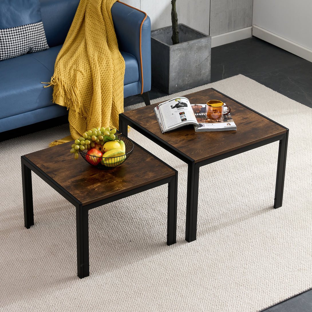 Set of 2 Modern Design Nesting Coffee Table Set with Wooden Finish- Rustic Brown_0