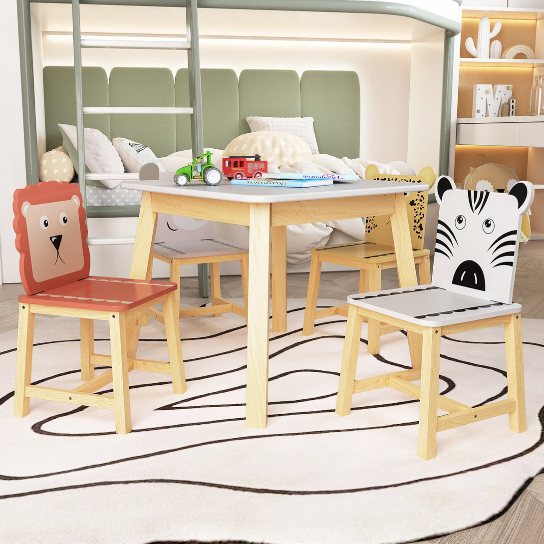 5 Pcs Solid Wood Kiddie Dining and Playing Table and Chair Set- White_5