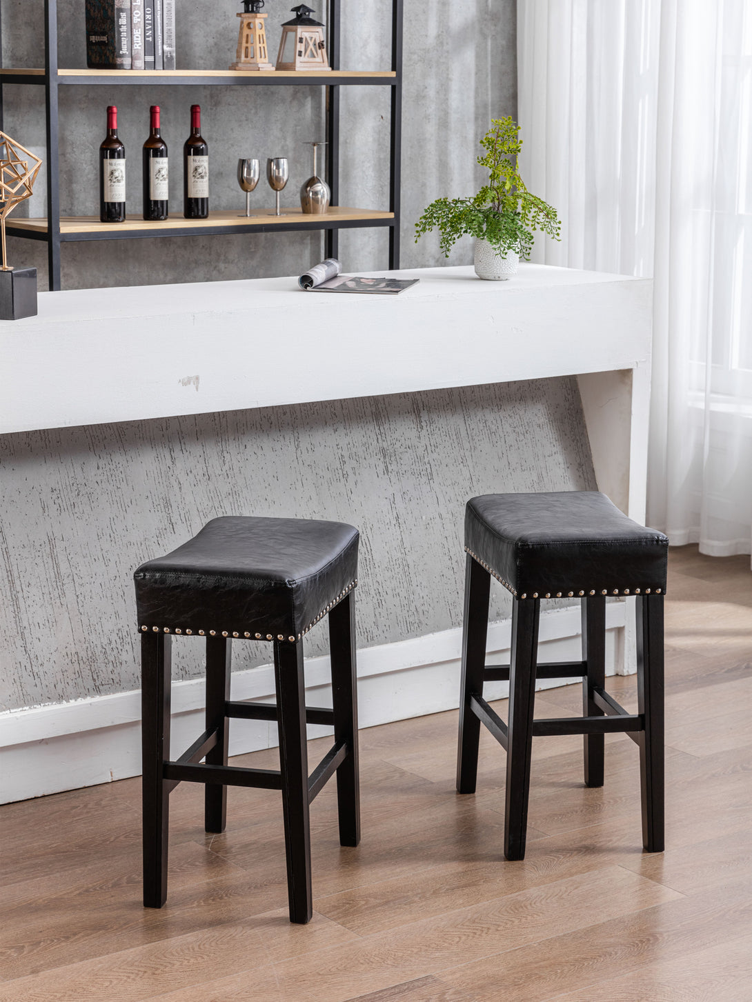 2 pcs Backless Faux Leather Kitchen Counter Soft Sitting Stool Island Chair- Black_4