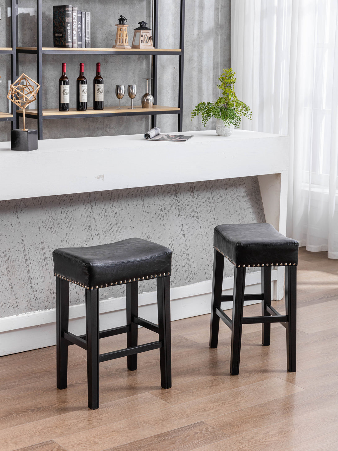 2 pcs Backless Faux Leather Kitchen Counter Soft Sitting Stool Island Chair- Black_3