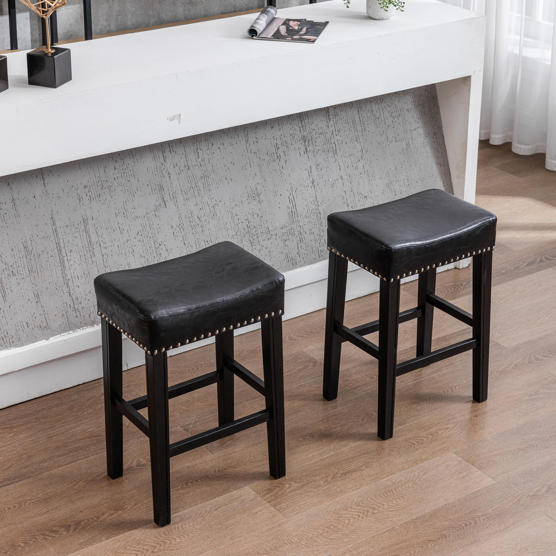 2 pcs Backless Faux Leather Kitchen Counter Soft Sitting Stool Island Chair- Black_2