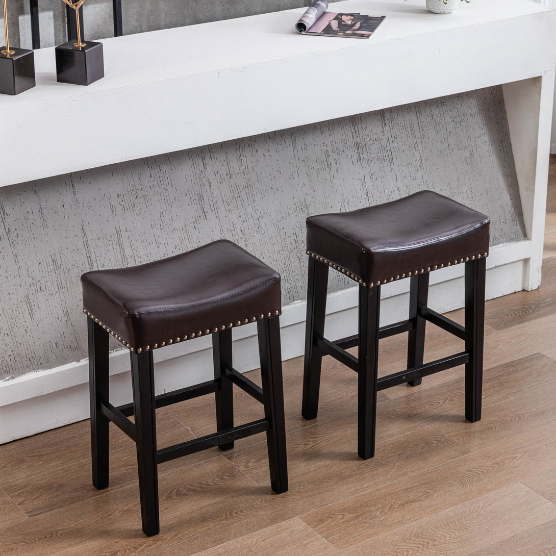 2 pcs Backless Faux Leather Kitchen Counter Soft Sitting Stool Island Chair- Brown_0