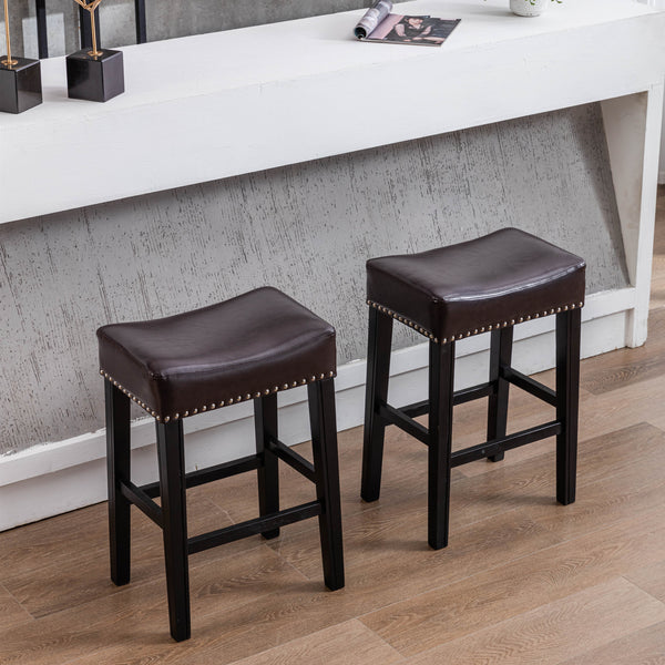 2 pcs Backless Faux Leather Kitchen Counter Soft Sitting Stool Island Chair- Brown_0