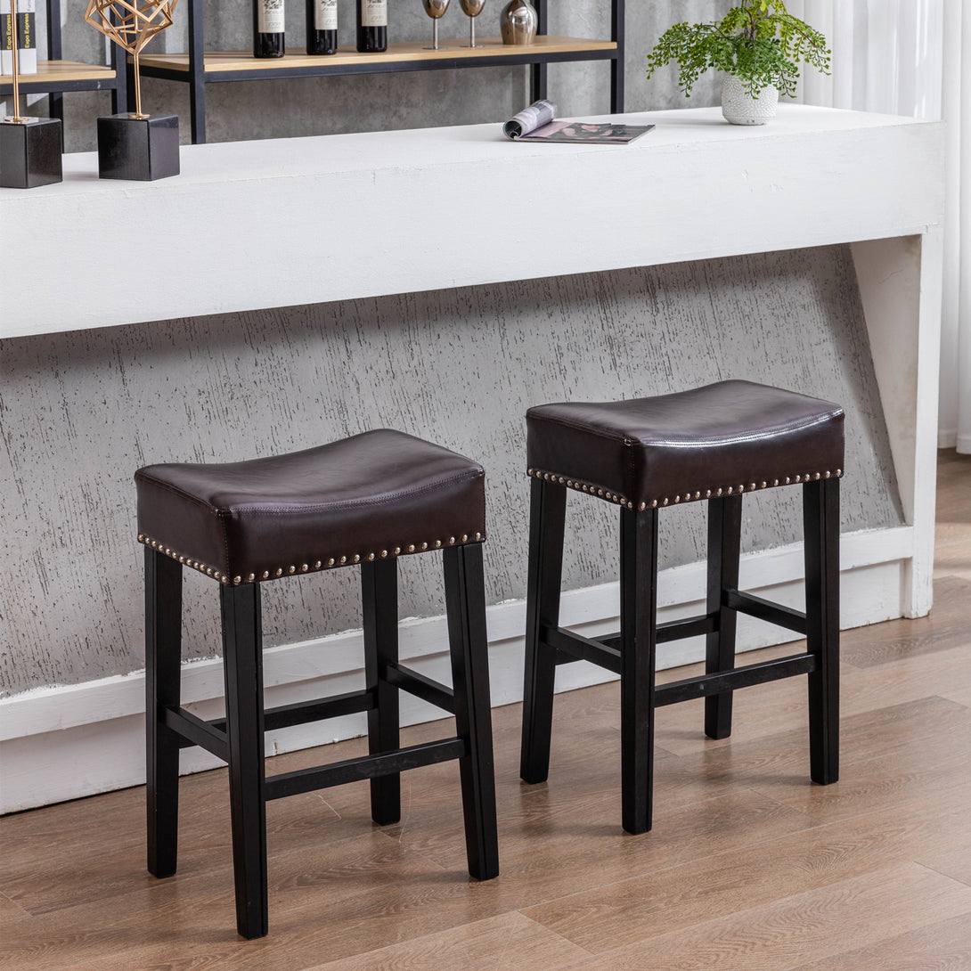 2 pcs Backless Faux Leather Kitchen Counter Soft Sitting Stool Island Chair- Brown_2