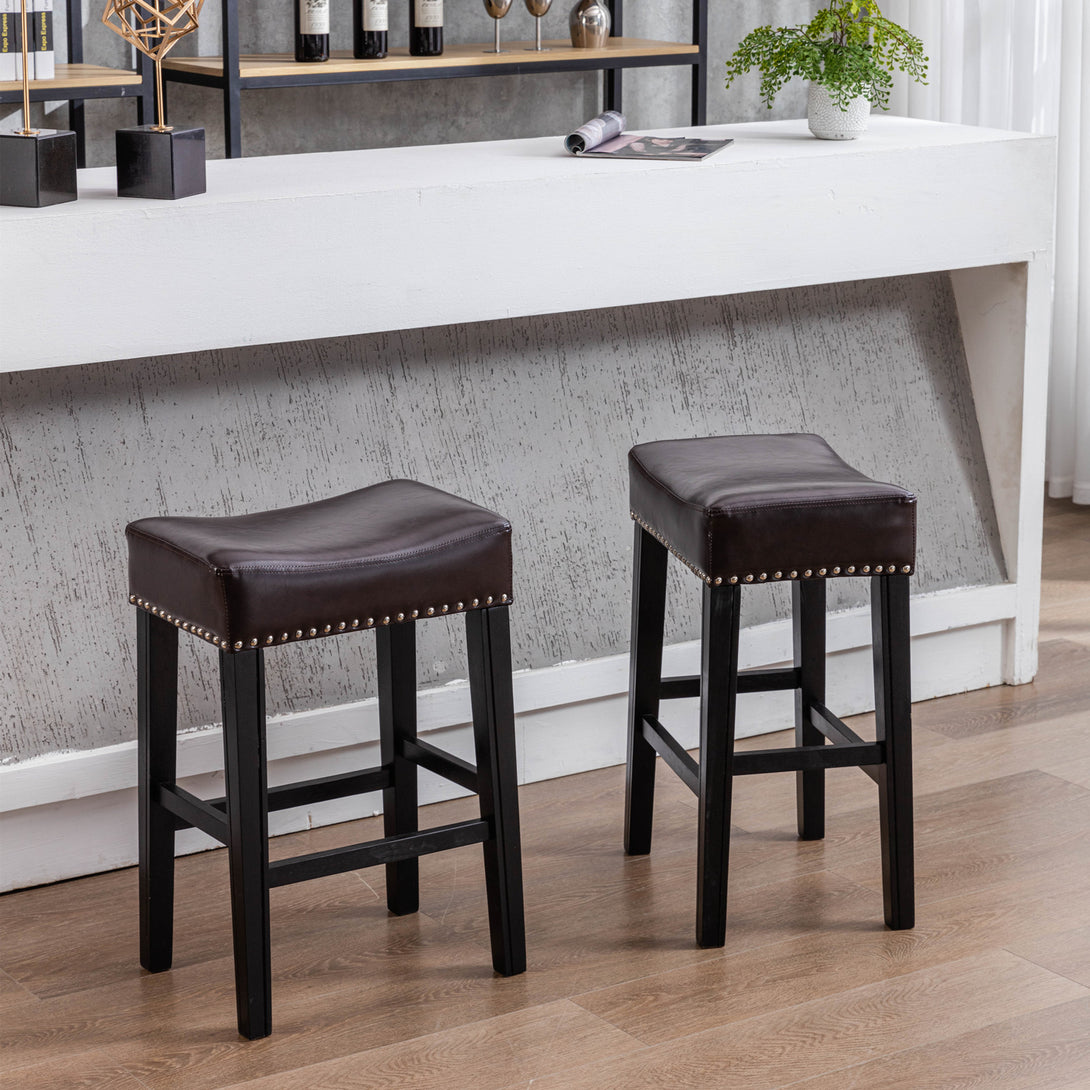 2 pcs Backless Faux Leather Kitchen Counter Soft Sitting Stool Island Chair- Brown_11