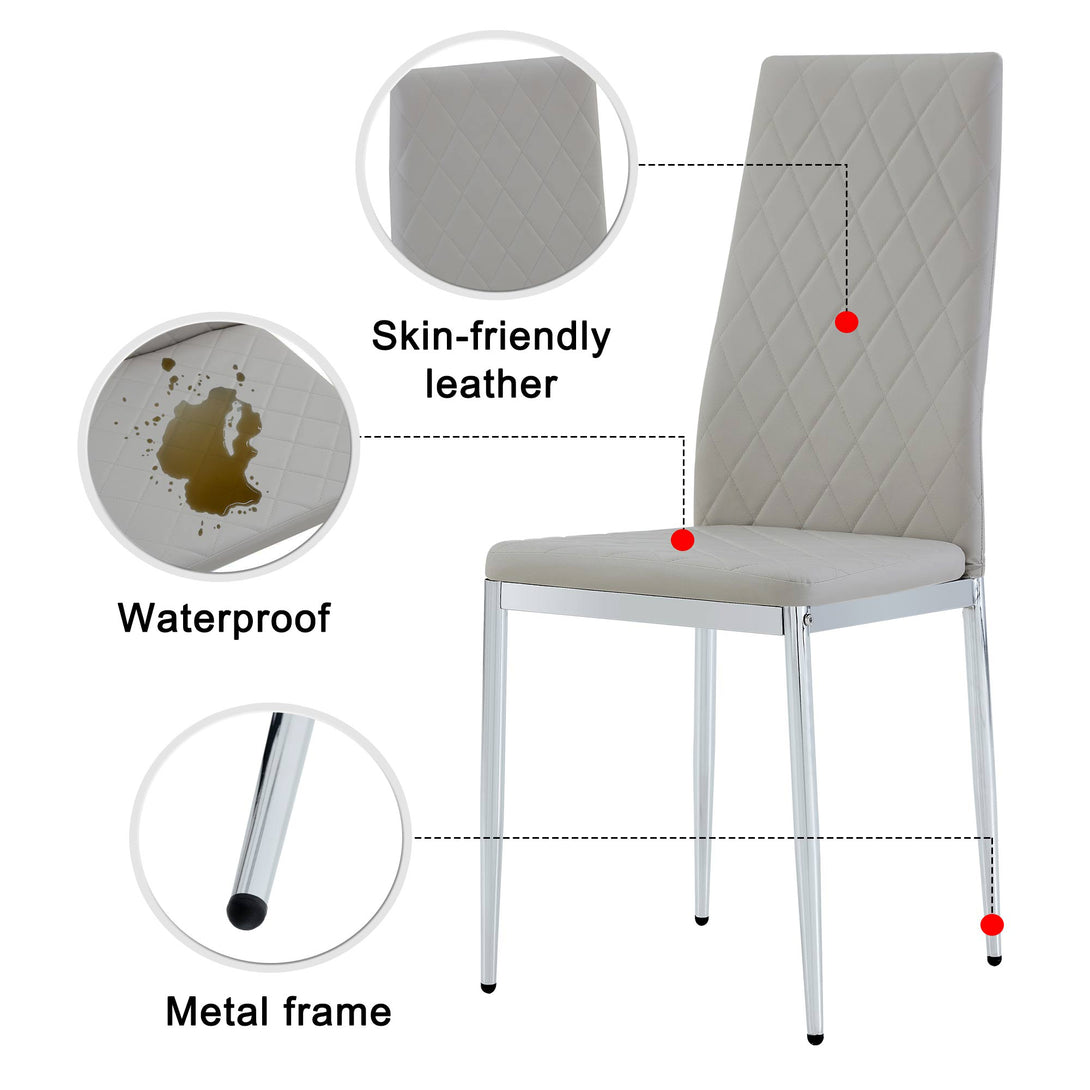 4 pcs Checkered Armless Faux Leather High Back Upholstered Padded Dining Chairs- Light Gray_14